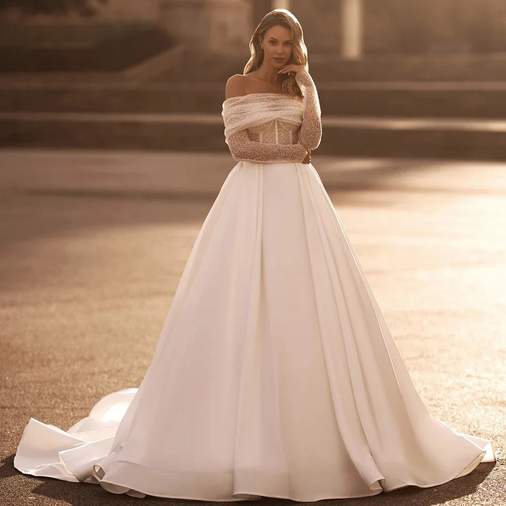 

Sexy Off The Shoulder Wedding Dresses Boat Neck Long Sleeve Satin Bride Gown Tailor Made Princess Evening Dress