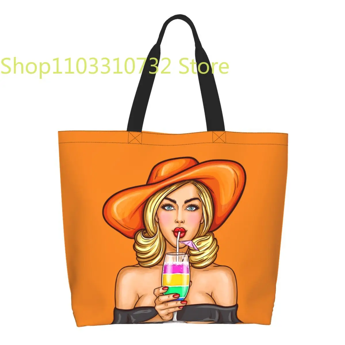 

Pop Art Sexy Elegant Lady Girl Drink Grocery Shopping Bag Print Canvas Shopper Shoulder Tote Bag Large Capacity Durable Handbag