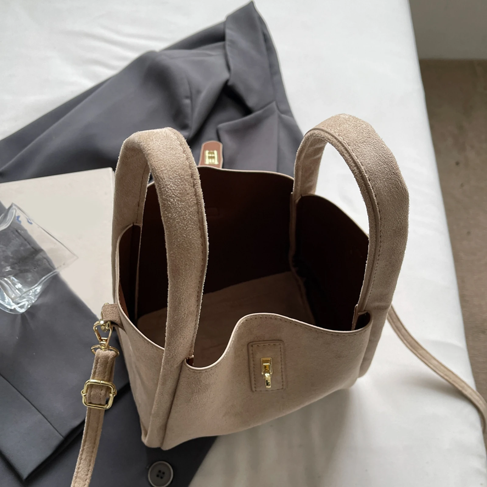 Faux Suede Bucket Bag Hasp Closure Top Handle Handbag Lightweight Storage Basket Solid Color for Women Travel Shopping