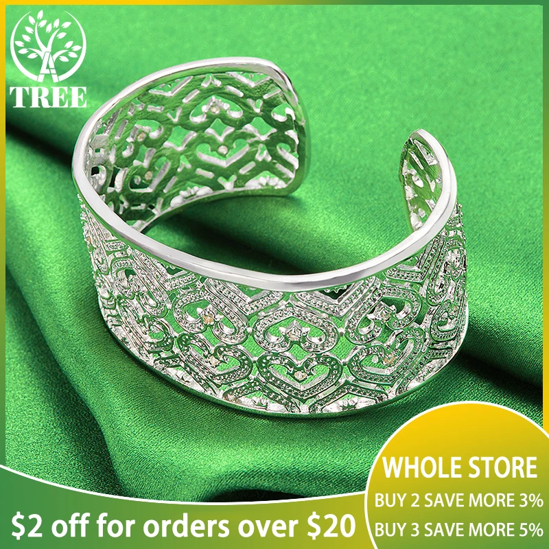 

925 Sterling Silver Adjustable 28mm Heart Big Bangles Bracelet Gift Fashion Charm Jewelry For Woman Man Party Engagement Wedding