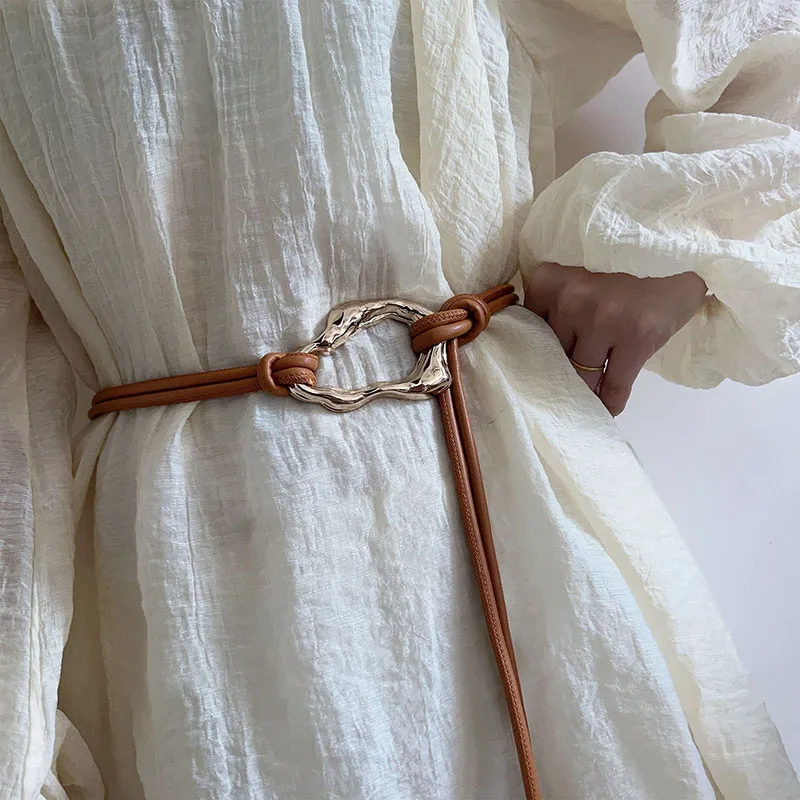 Elegant Women's Leather Rope Knotted Belt with Metal Buckle - Stylish Skinny Waistband Accessory