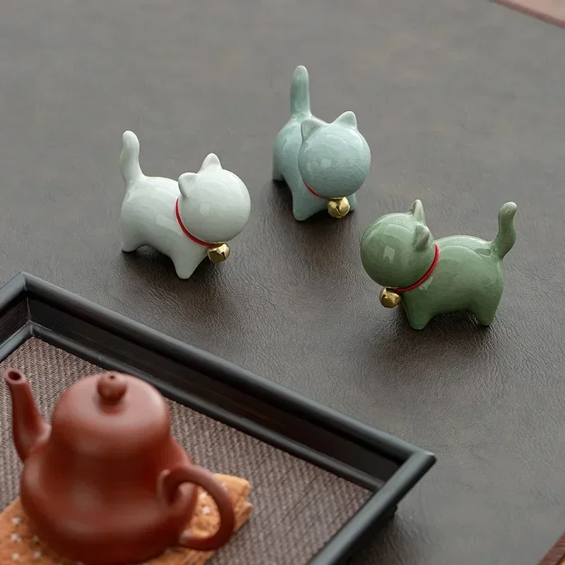 Tea Pet Ornaments Cute Bell Little Cat Tea Pet Ornament Ceramics Crafts Desktop Decoration Cat Sculptures and Statues