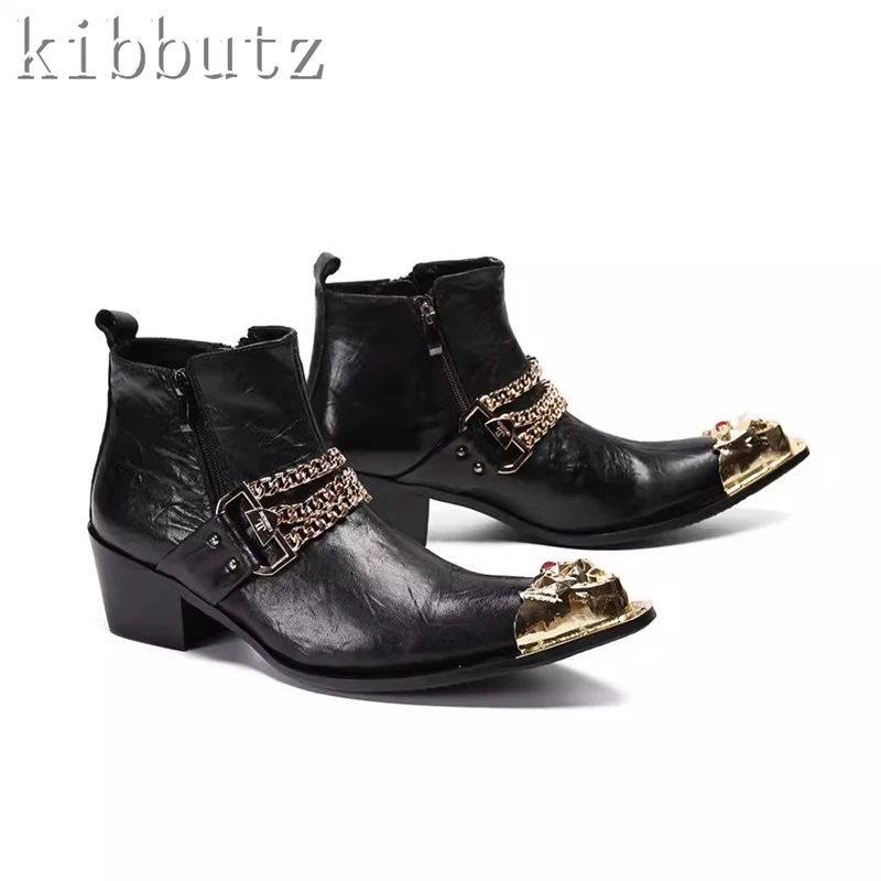 Man Genuine Leather High Heels Pointed Toe Boots Metal Capped Toe Chain Decoration Ankle Boots Fashion Party Wedding Shoes