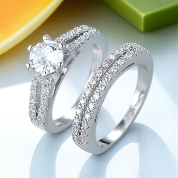 2pcs/Set Round Stone White Zircon Ring Sets For Women Vintage Silver Color Engagement Bands Wedding Rings Versatile Jewelry Gift