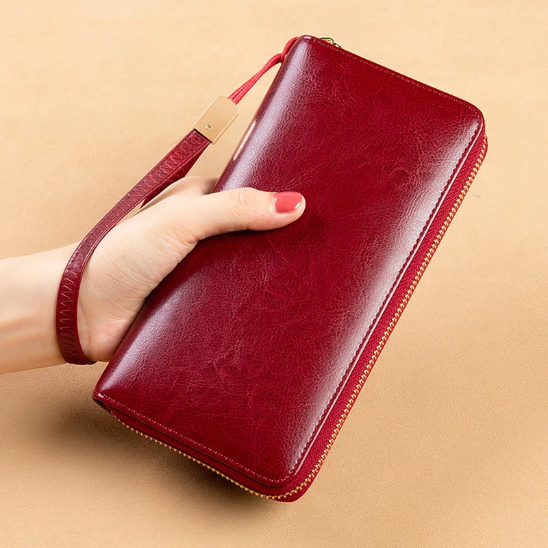 

Large Capacity Women Wallets Female Wallet Zipper Oil Wax Genuine Leather Long Design Lover Women Coin Purse Card Wallets