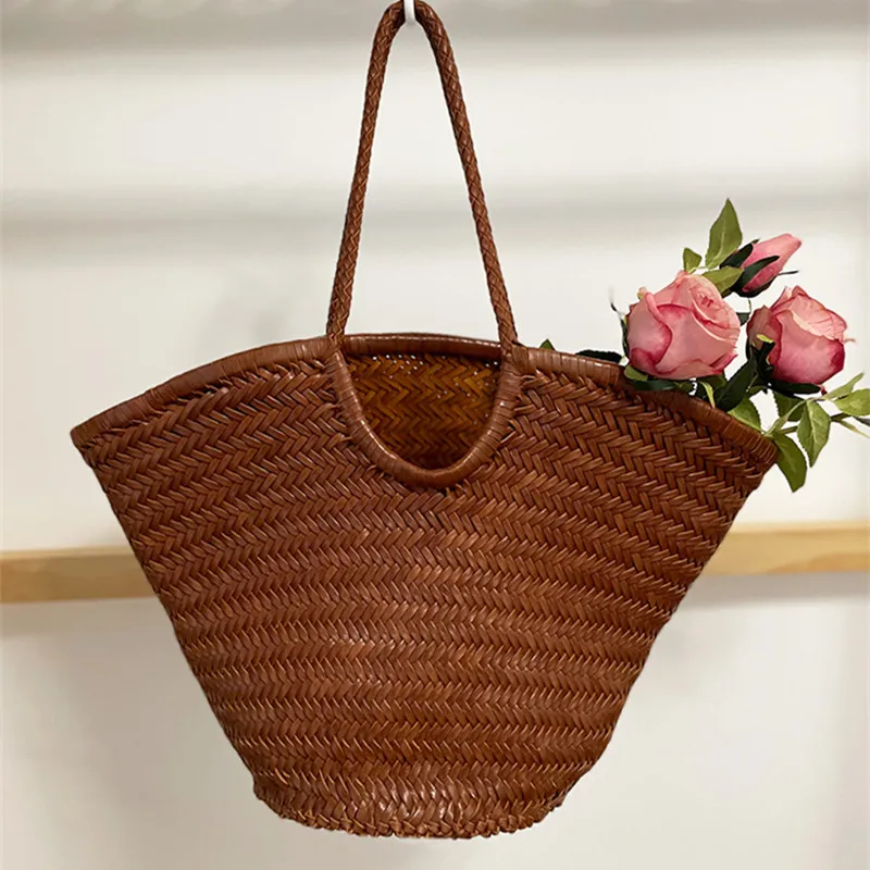 Fashion Woven Bag for Women Big Genuine Leather Tote Bag Large Summer Beach Travel Handbag Retro Handmade Shoulder Bag