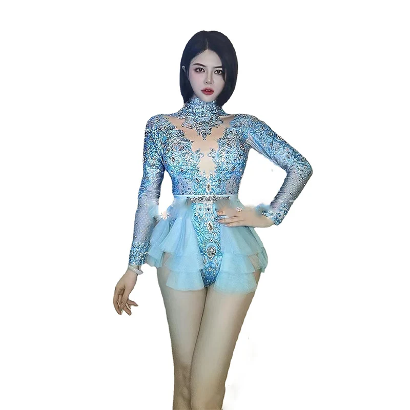

Women Long Sleeve Sparkly Rhinestones Pink Lace Outfit Dance Costume Sexy Bodysuit Birthday Party Show Performance Stage Wear