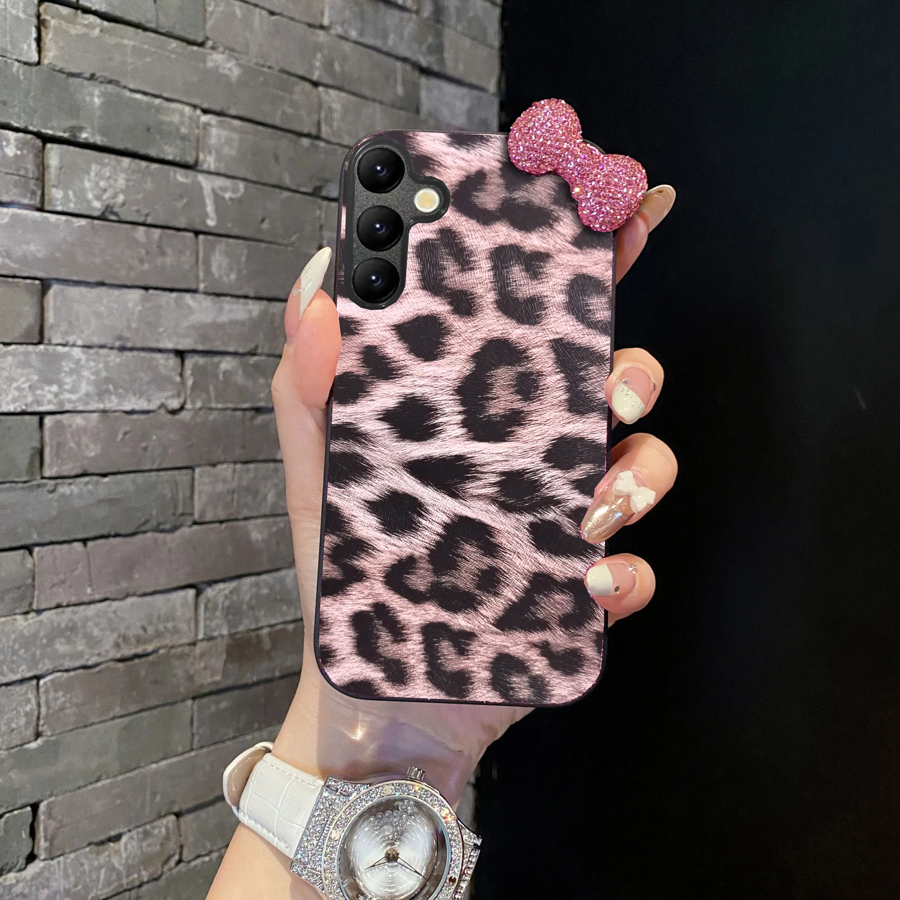 Luxury Leopard Leather 3D Diamond Bowknot Bling Phone Case Cover