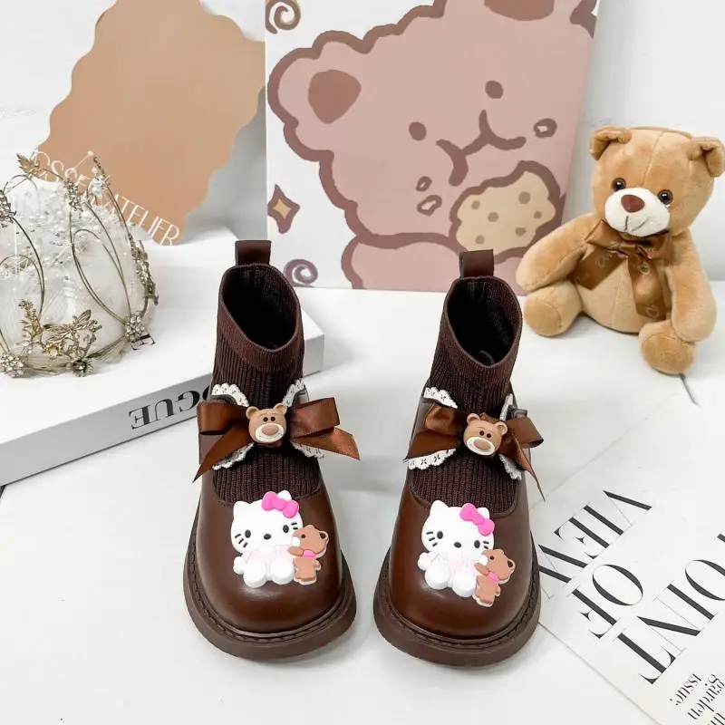 

Kawaii Sanrios Kuromi Autumn Winter Children's Shoes Girl Martin Boots Spring and Autumn Socks Boots Anti-Slip and Warm