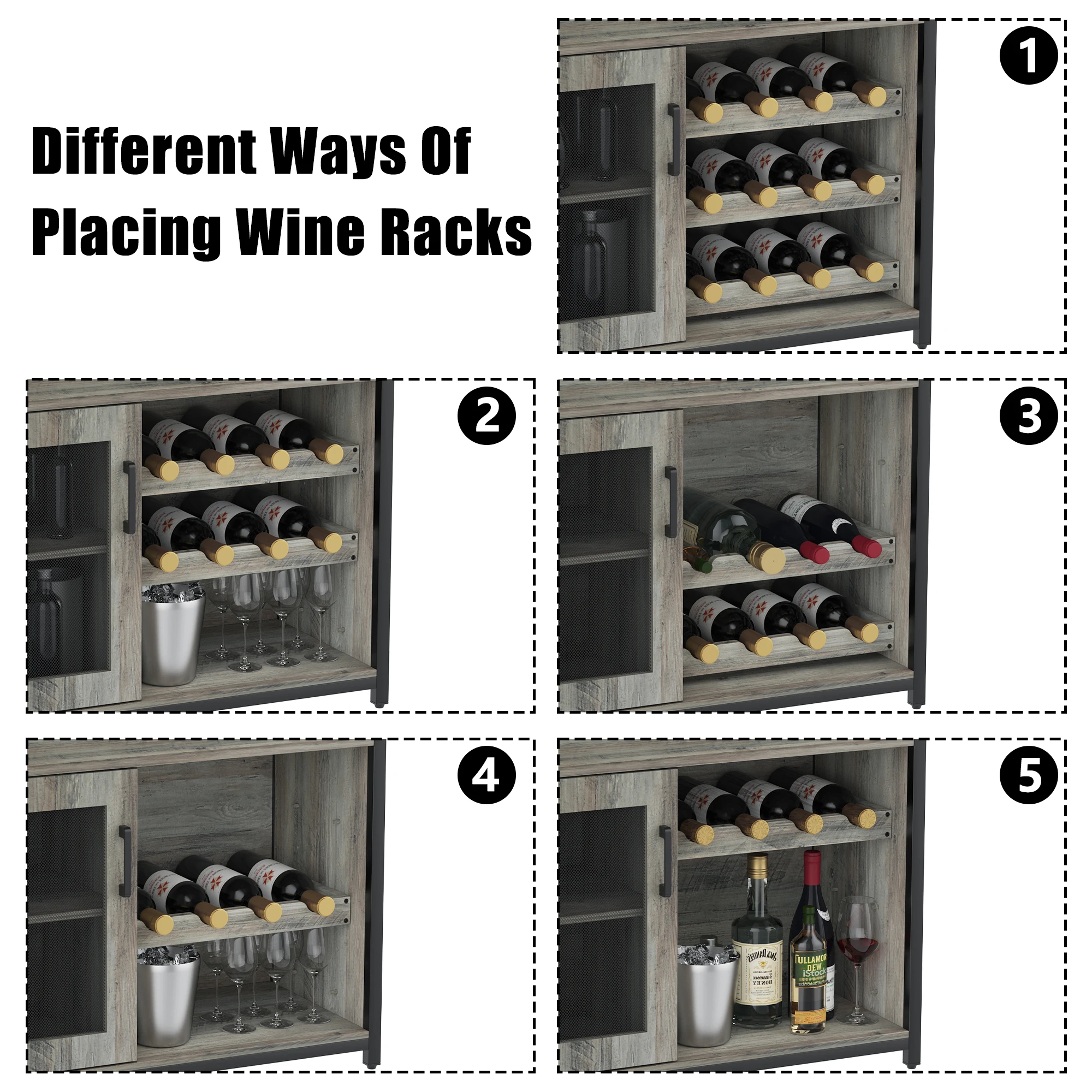 Wine Cabinet with Large Storage Space Detachable Rack Industrial Sideboard and Buffet Cabinet with Glass Holder and Mesh Door