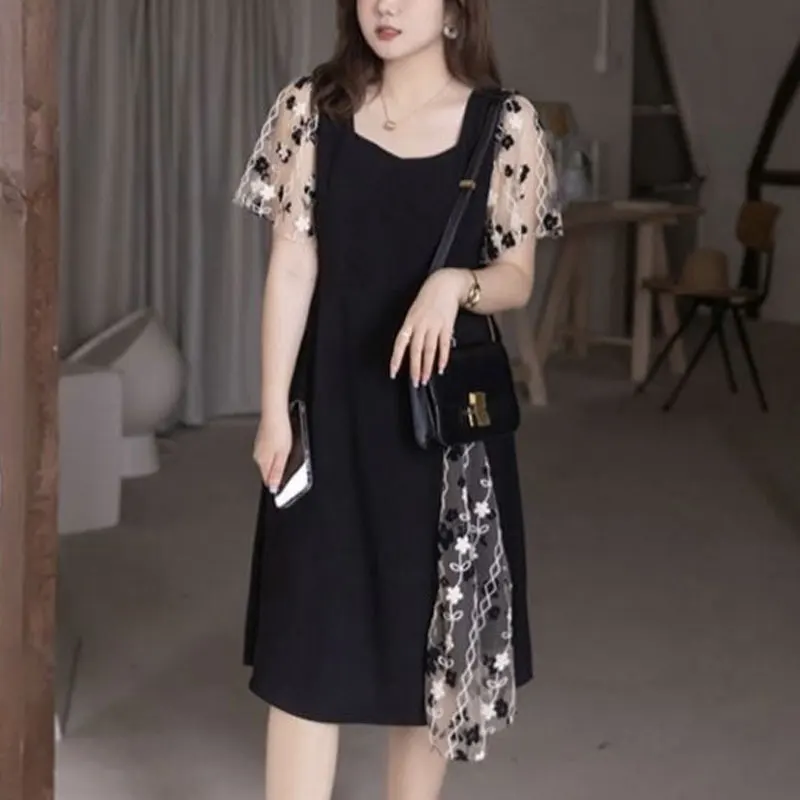 

Summer Stylish Gauze Patchwork Dresses Asymmetrical Women's Clothing Elegant Square Collar Vintage Broken Flowers Midi Dress New
