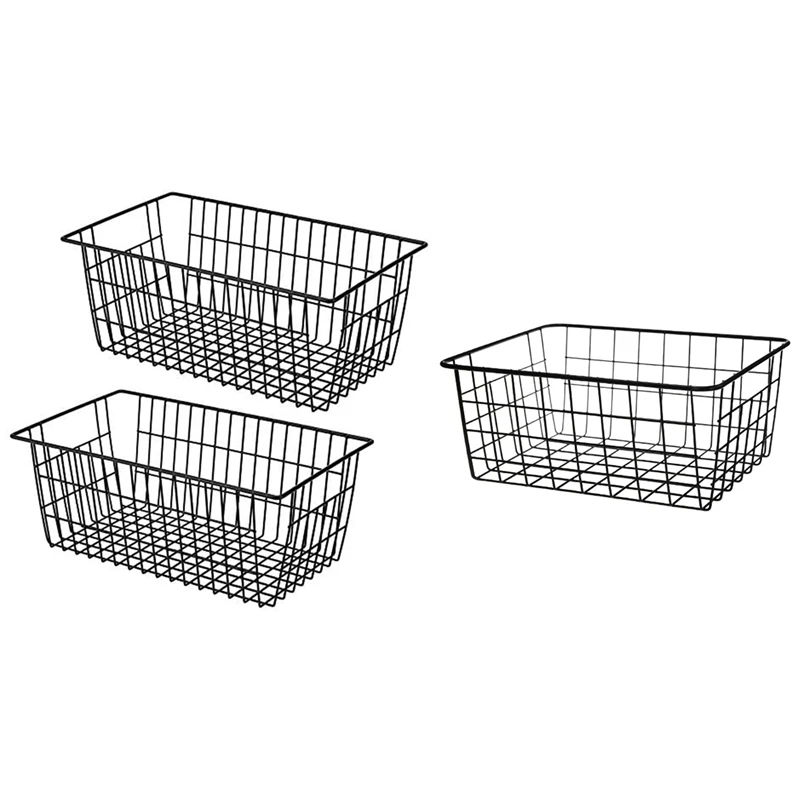 

3 Pcs Storage Baskets Metal Basket Without Interlining Bathroom Kitchen Organizer Black,A & B