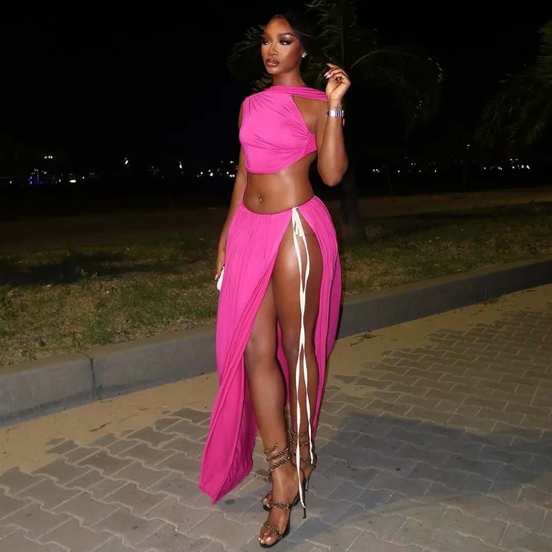 Spring and Summer New Fashion Solid Color Women's Irregular Hollow Vest Splicing Waist Dress Casual Beach Side Tie Long Dress