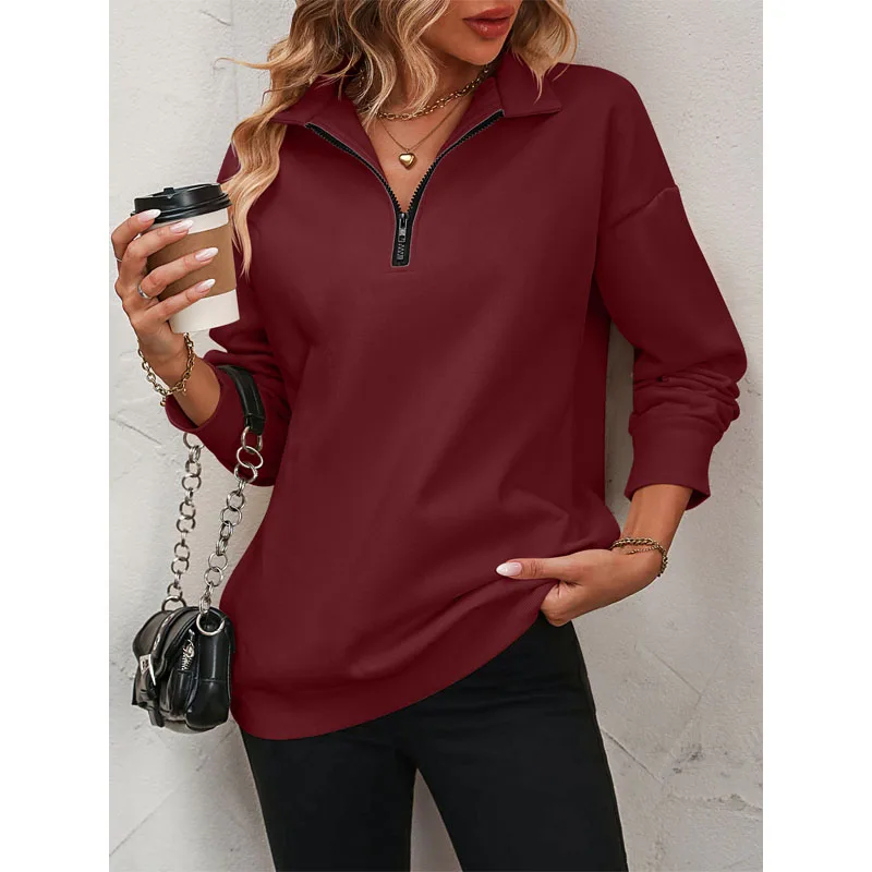 2023 New Autumn and Winter Casual Simple Polo Neck Half Zip Long Sleeve Temperament Commuter Women's Sweatshirt Brushed Sweater