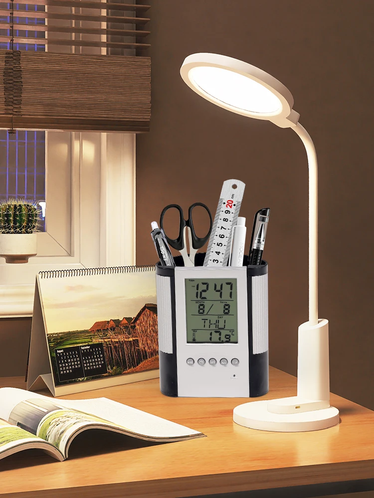 Perpetual Calendar Pen Holder Anti Slip Base Date Time Display Temperature Detection Desktop Storage Decorative Clock Pen Holder 6