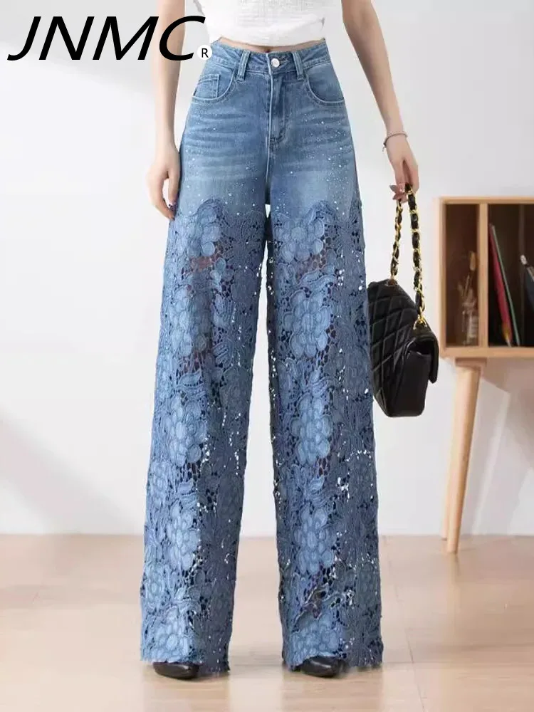 

JNMC Temperament And Fashion High Waist Wide Leg Pants 2024 Spring Summer New Flower Lace Splice Design Casual Jeans For Women