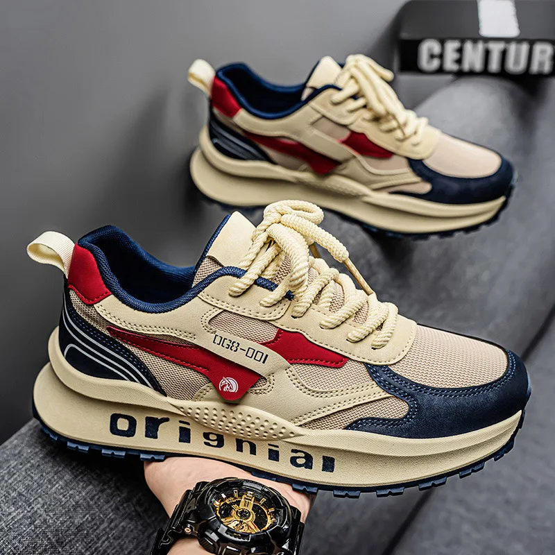 Men's Summer Breathable Mesh Casual Shoes Versatile Work Sport Trendy Low Top round Toe Thick Heel Injection Plastic