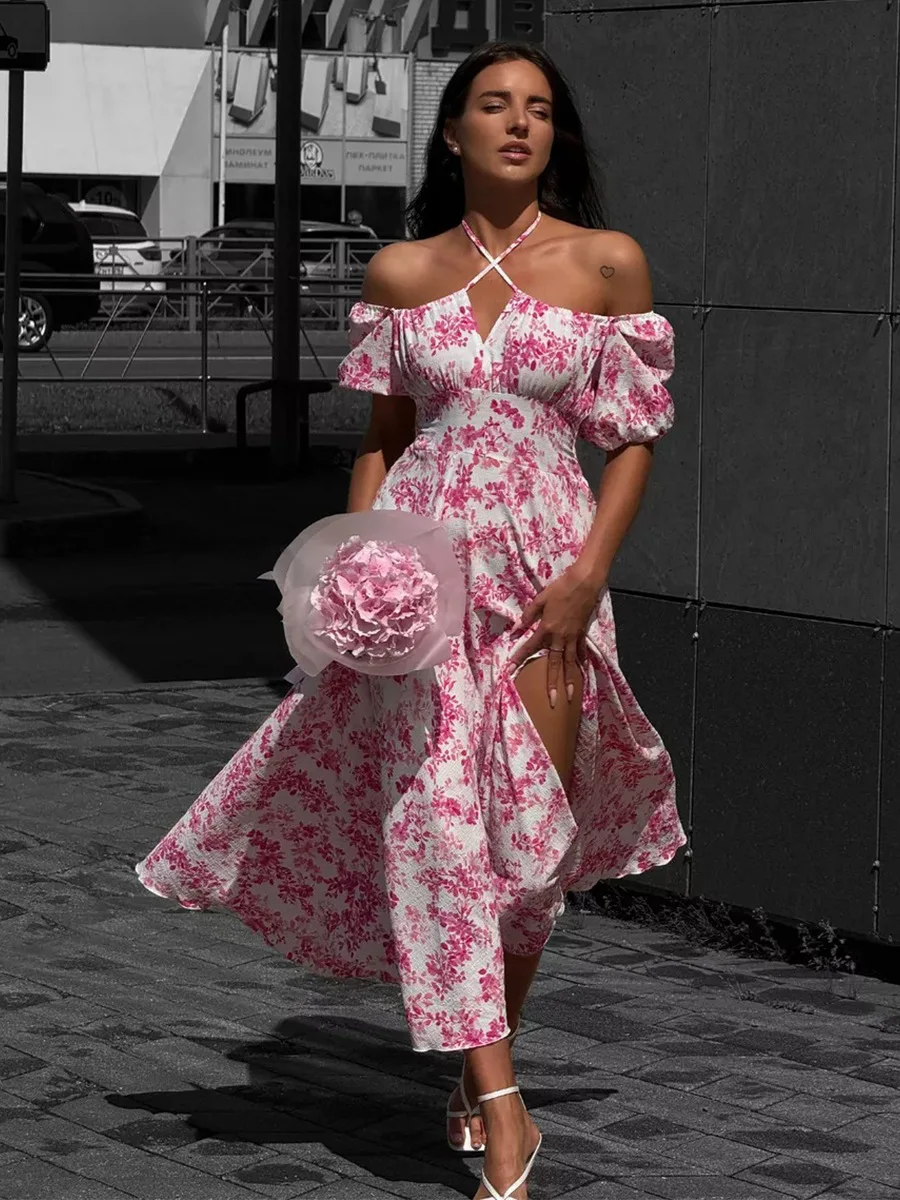 Bornladies 2026 Summer New Women's Off-Shoulder Floral Dress Short Sleeve Lace-Up Smocked Printed Split Maxi Dress