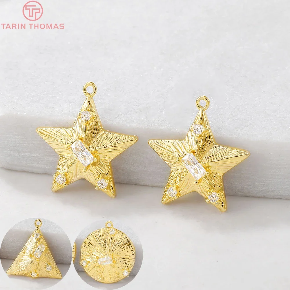 

(1253)4PCS 16x17MM Hole 1MM 24K Gold Color Brass with Zircon Star Round Charm Pendants for Jewelry Making Findings Accessories