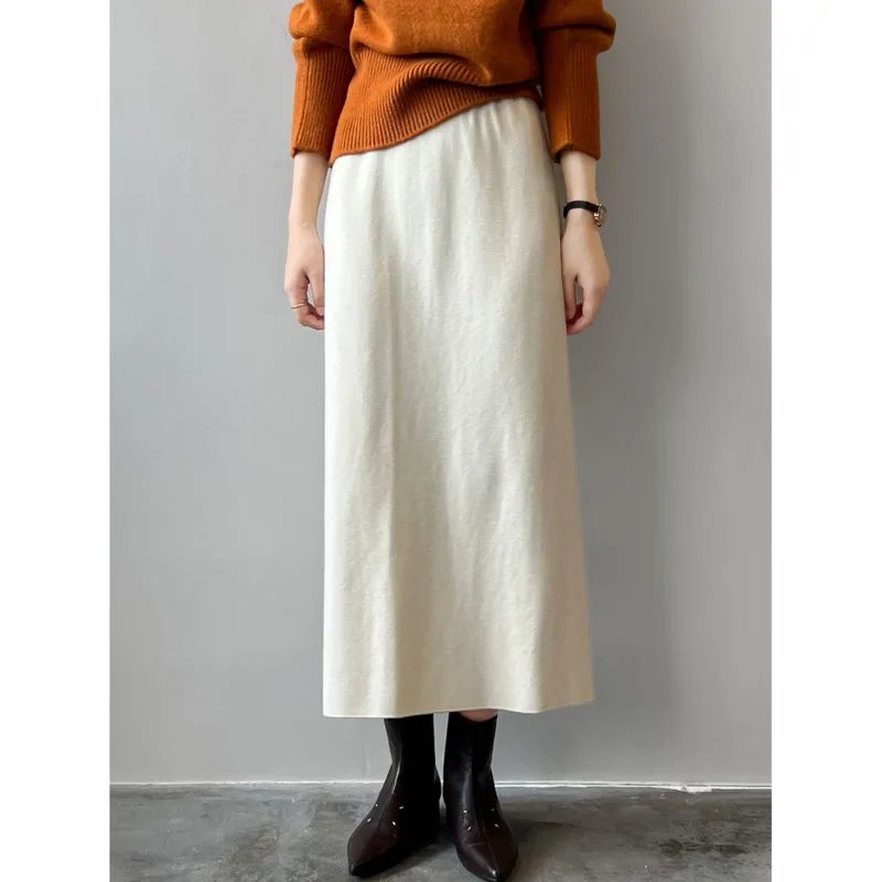 

Autumn Winter Split Knitted Skirt Women Elastic High Waist Straight Solid Color Midi Skirts