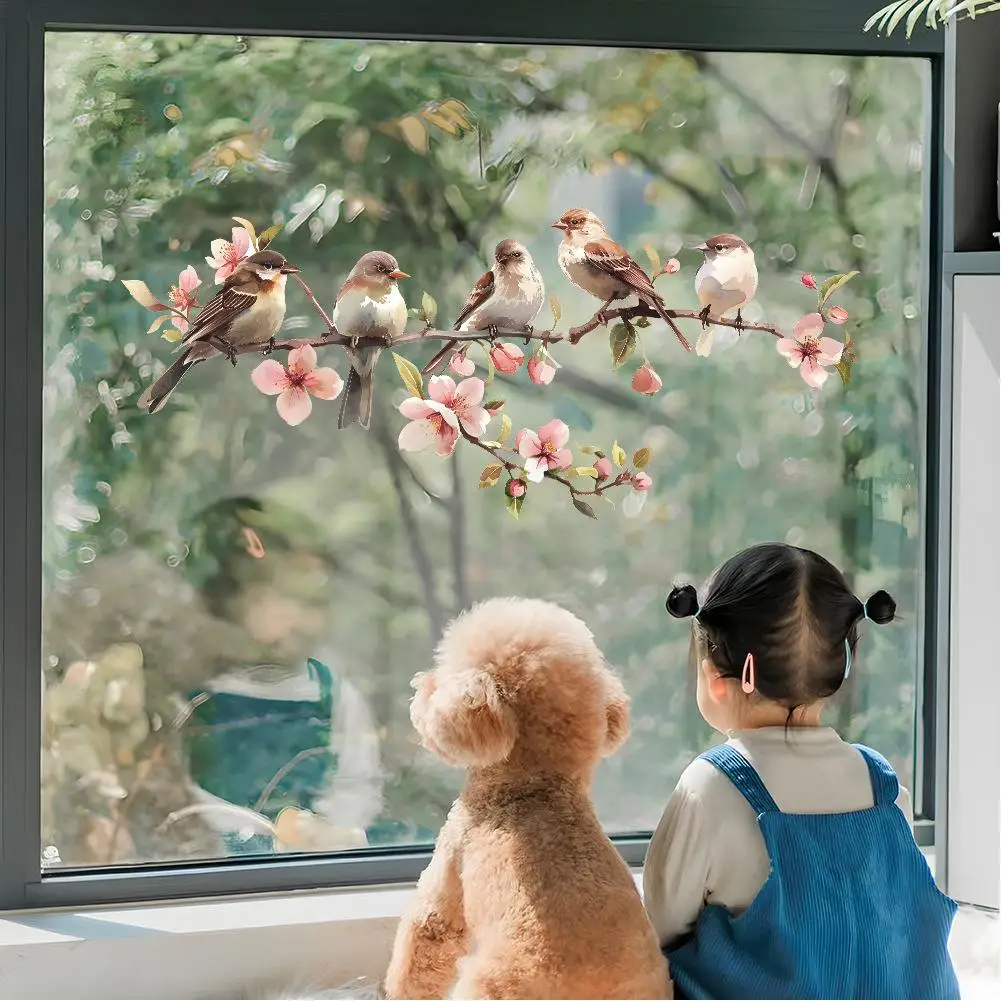 PVC Flower Window Clings Birds Tree Branch Glass Sticker Anti-Collision Decal For Bedroom Restroom Doors Decorative Films