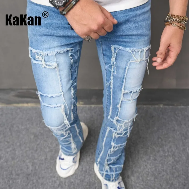 Kakan - Europe and America's new distressed cat whisker jeans for men's wear, micro flared deep blue long jeans K49-714