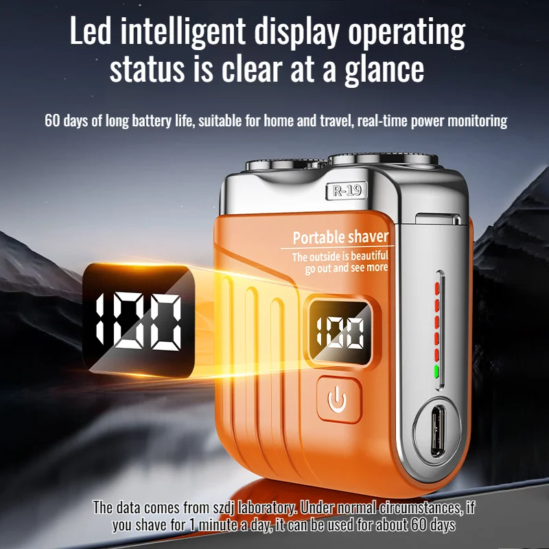 R-19 미니 전기 면도기 디지털 디스플레이 자기식 이중 블레이드 방수 타입-C 고속 충전 휴대용 남성용 면도기
