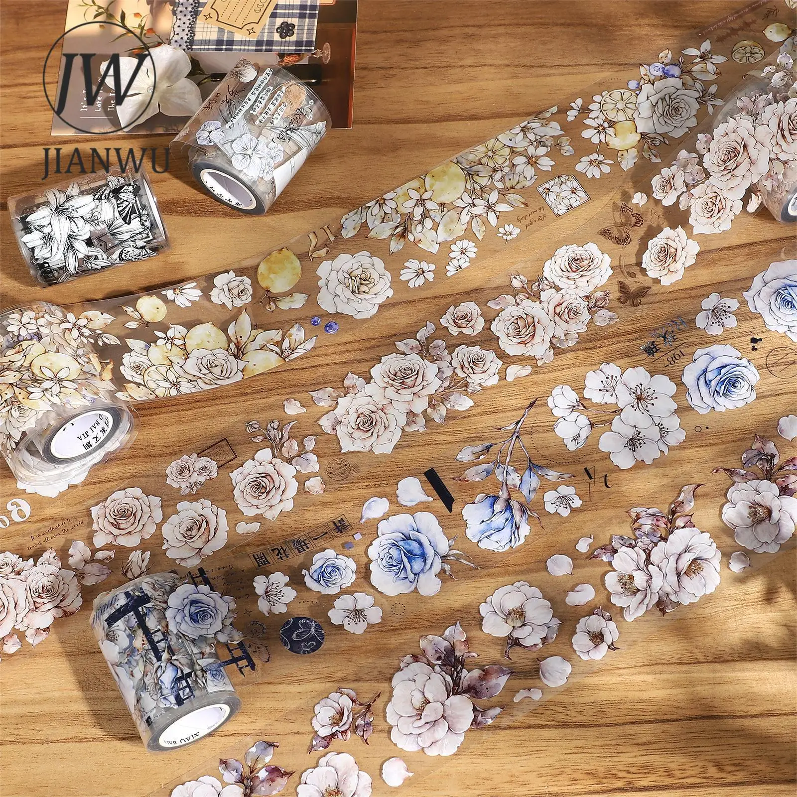 JIANWU 빈티지 식물 꽃 캐릭터 조경 콜라주 재료 장식 pet 테이프, 창의적인 DIY 저널 문구, 600cm/롤