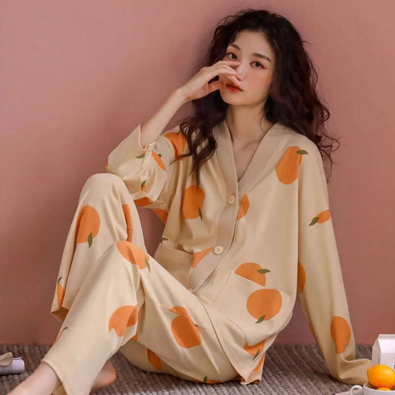 Print Sleepwear Women Pajama Sets Long Sleeve Long Pants Homewear Sets Luxury Brand Clothes Korean Chic Spring Autumn Pajamas