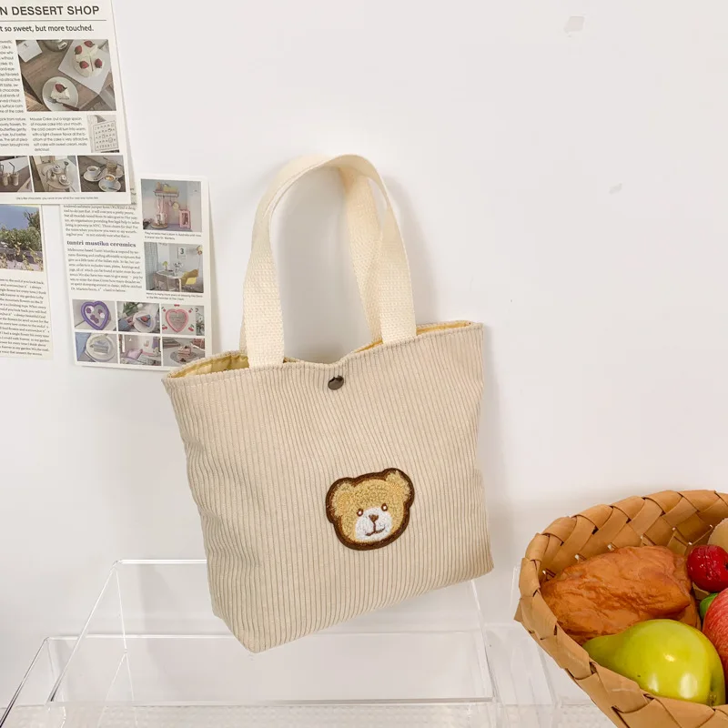 Women Small Corduroy Lunch Bag Eco Canvas Portable Bear Pattern Tote Bags Mini Students Bento Picnic Food Bag Travel Handbags
