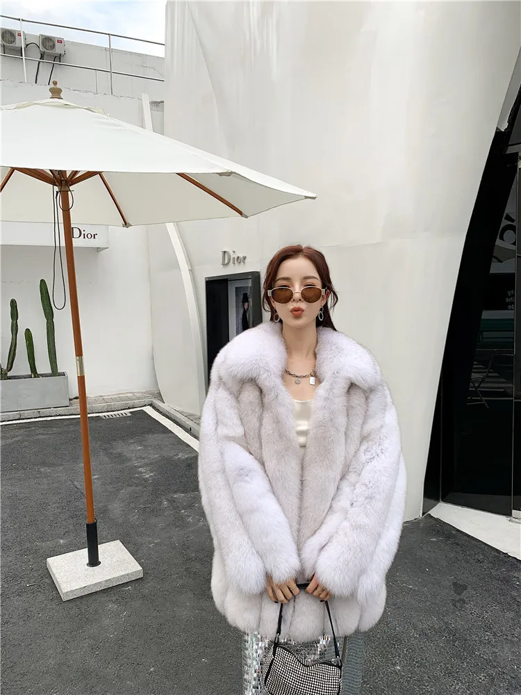 高级リアルブルーフォックスファーロングコート女性用プラスサイズ