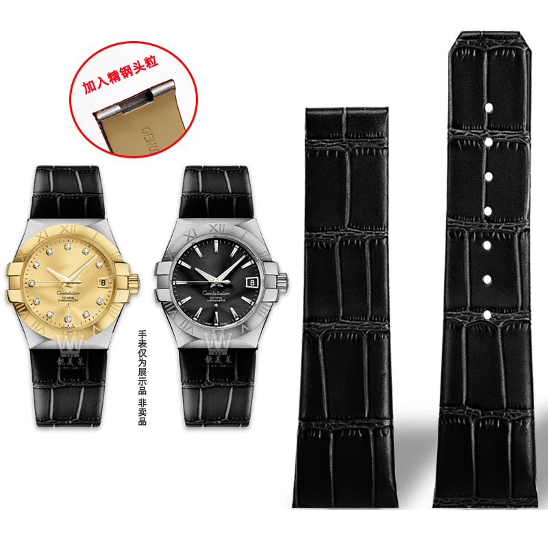 thumbnail image 1 of Correa de cuero genuino con muescas para reloj Omega Constellation Double Eagle Series 123.20 para hombre, correa de acero con partículas en la cabeza, 23 mm y 25 mm, 1 of 5