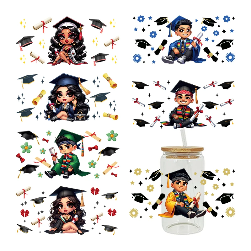 3D UV DTF La Graduada Chicana Educated Latina Girls Chicano Graduation Chibi Cute Girls 16oz Libbey Glasses Wraps D15678 adhesive vinyl stickers glass can wrap