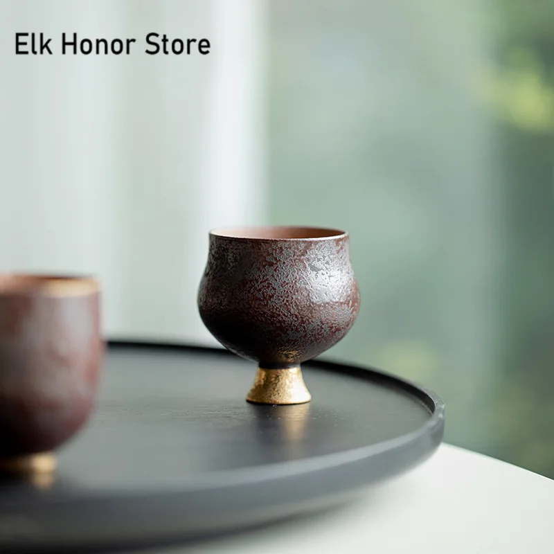 2 Pz/Set Old Rock Mud Ceramic Tea Cup Vintage Rust Red High Foot Cup Fragrance Cup Set Slim Waist Master Cup Tea Services 65Ml