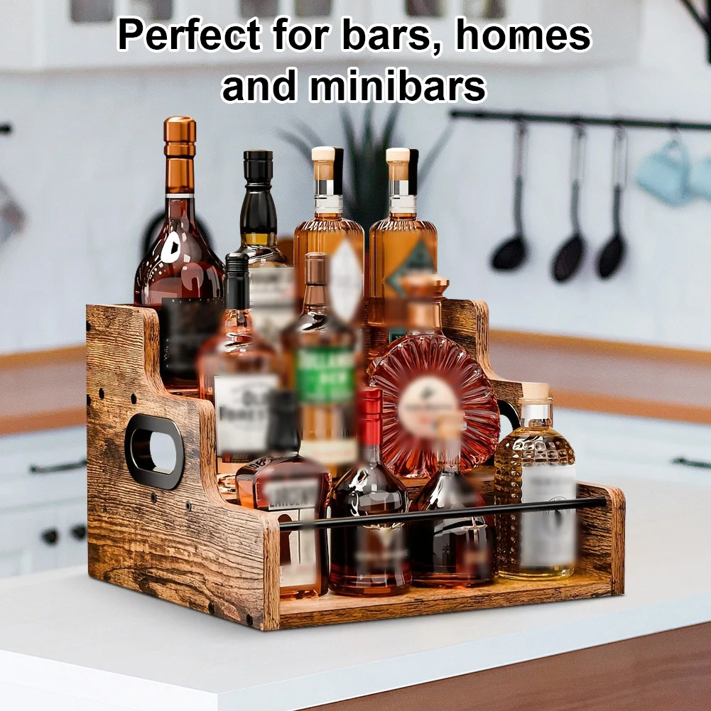Liquor Bottle Display Shelf 3 Step Countertop Wine Rack Retro Bar Shelf Stand for Liquor Whiskey Spirits