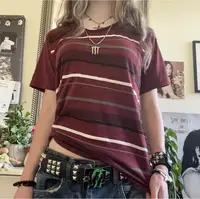 Femmes Y2k Grunge chemises rayé Baggy col rond manches courtes Emo hauts 2000s Harajuku Vintage adolescentes filles Goth vêtements 5