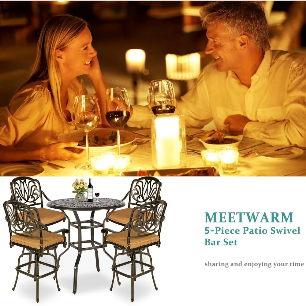5-Piece Patio Swivel Bar Set, All-Weather Cast Aluminum Outdoor High Bar Stool Bistro Set for Backyard Garden with 4 Cu 6