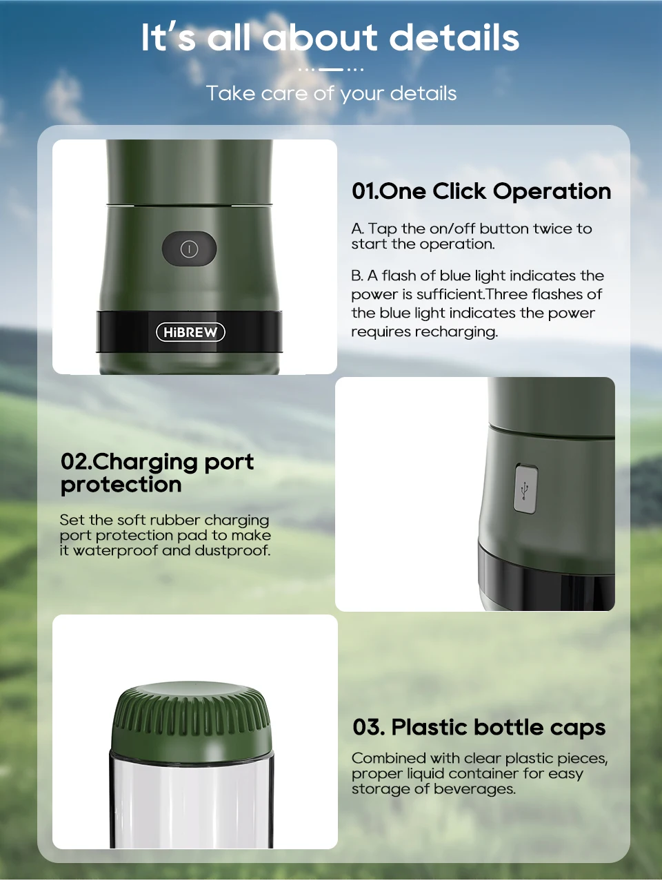 مطحنة قهوة كهربائية محمولة HiBREW G2 - خلاط سموثي...