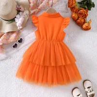 Robe Orange sans manches pour tout-petits, col Blazer avec manches flottantes + jupe en maille Double couche, ludique et El, nouvelle collection printemps et été 2