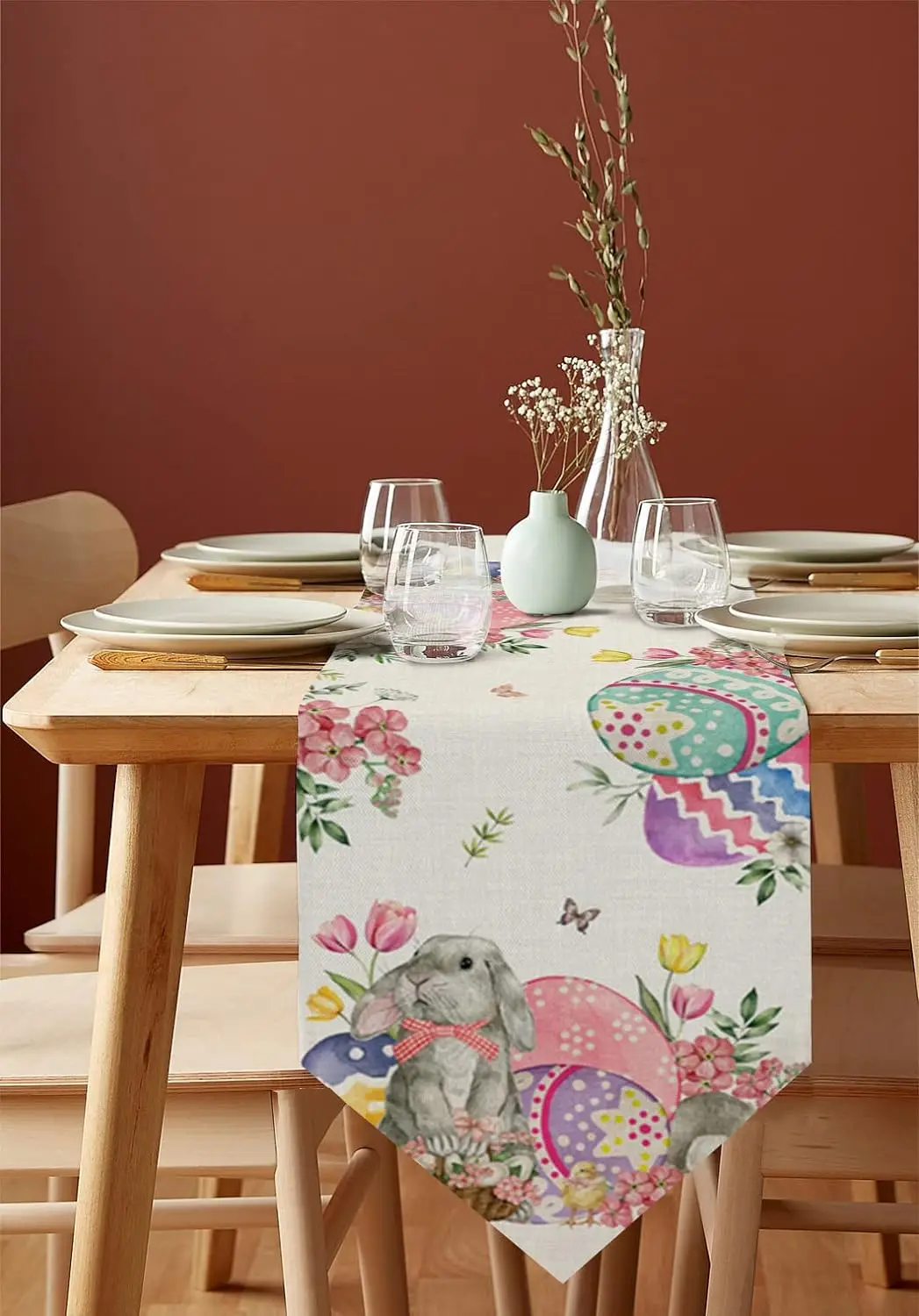 Bunny Eggs Flower Tulip Easter Linen Table Runners Dresser Scarf Table Decor Washable Kitchen Dining Coffee Table Runners Decor 4