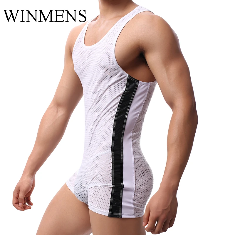 PU Leather Breathable Mesh Mens One Piece Pajama Sleeveless Sports Jumpsuit Adult Running Sportswear O-neck Fitness Yoga Clothes