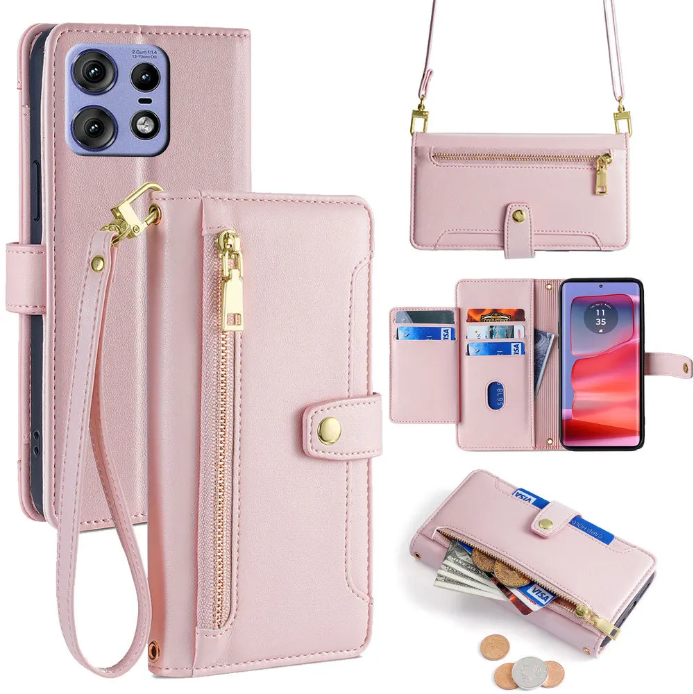 Luxury Leather Crossbody Zipper Flip Case with Multi-Card Storage and Lanyard Wallet Design