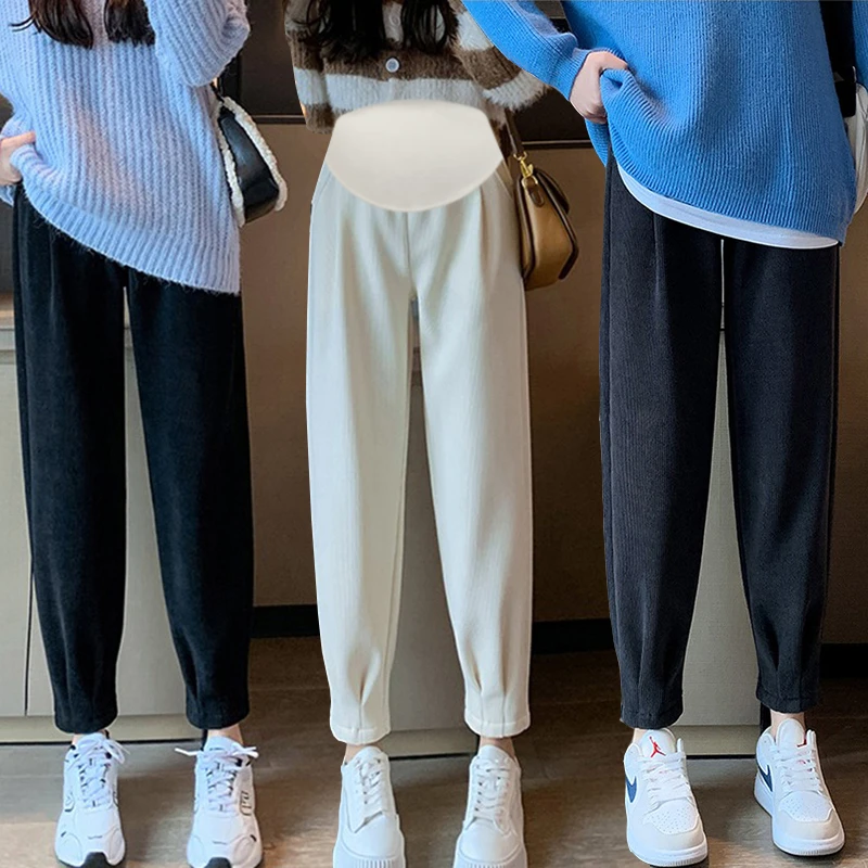 2025 Maternity Winter Belly Pants Ankle-length High Waist Thick Warm Pregnant Woman Clothes Slim Hem Pregnancy Harem Trousers 3