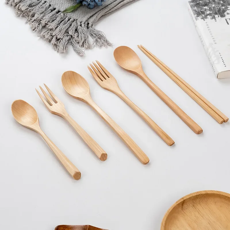 Wooden Spoon Kitchen Korean Style Natural Wood Soup Tableware Cooking Honey Coffee Spoon Mixing Chopsticks Forks Portable Set