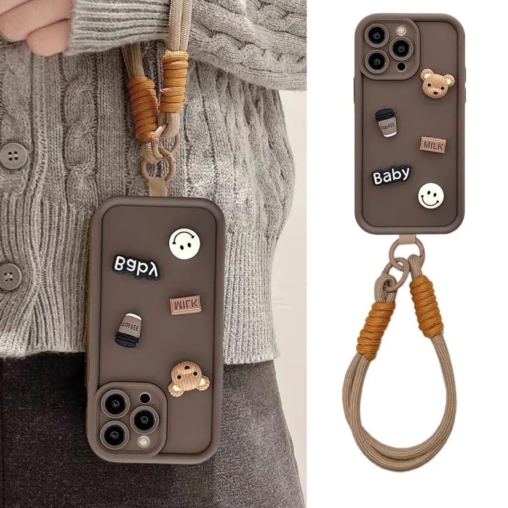 DIY Coffe Bear With Hand Strap Silicone Phone Case For Xiaomi Redmi Note13Pro Note10 Note11 Note9 Note8 Pro Shockproof Cover_voghion.com