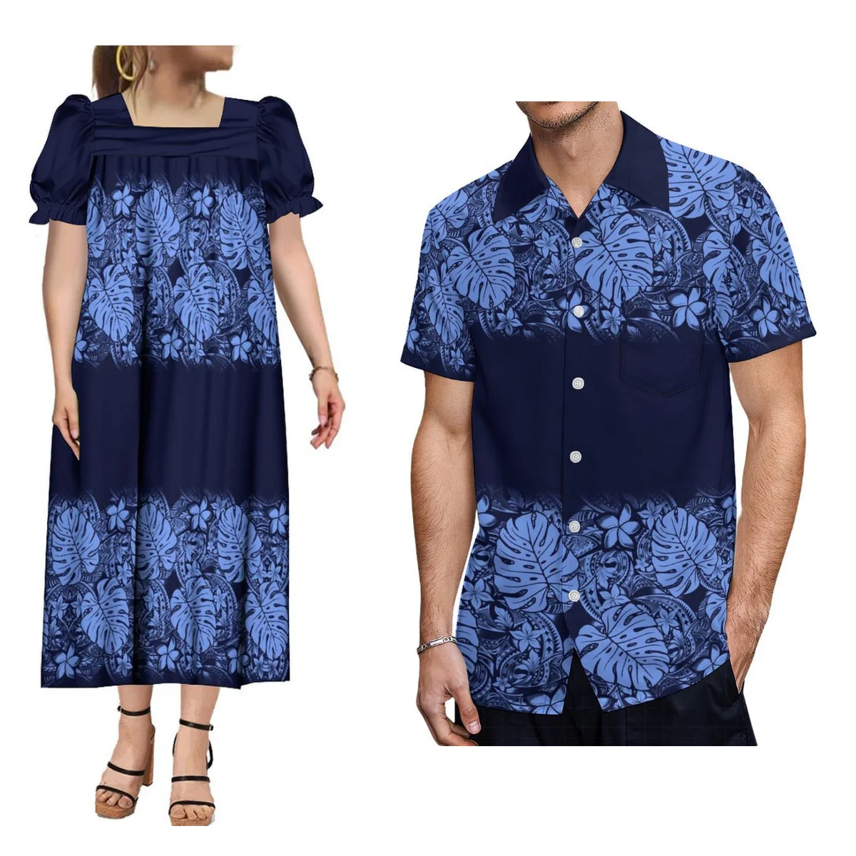 

Custom Samoan Couple Dress Print Style Polynesian Men'S Blue Shirt Hawaiian Mumu Women'S Puffed Sleeve Square Neck Dress