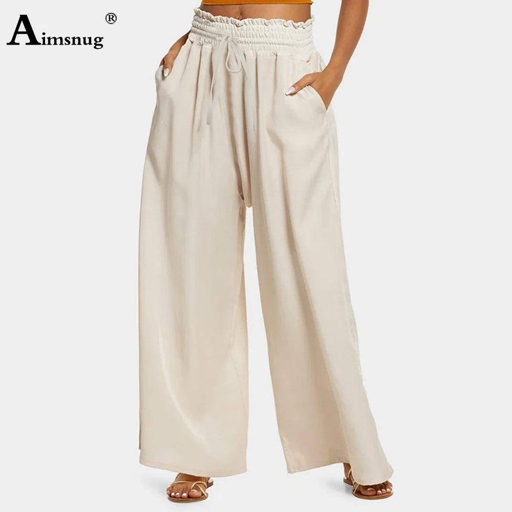 

Large Big Women Wide Leg Pants 2024 European Casual Loose Trouser Solid Apricot Elastic Waist Pantalon Womens Full-Length Pants