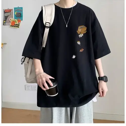 M-8XL Men Oversized Korean Fashion Loose American Vintage Carton Kitten Print Short Sleeve Versatile Trend Couple Outfit - Image 3