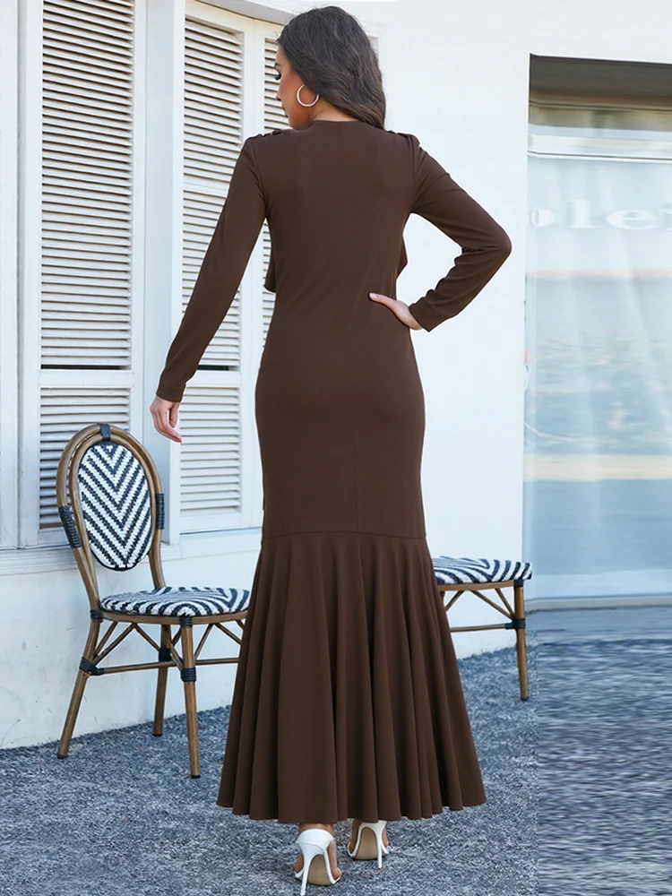 Nibber Fashion Ruffles Decoration Long Dresses Woman Autumn Trend Shirring Low-Neck Full Sleeve Casual Simple Elegant Vestidos