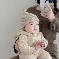 Mignon bébé tricoté pull casquette 3-24M enfants couleur unie laine chapeau garçons filles enfant en bas âge hiver chaud Crochet Bonnet enfants bonnets 5